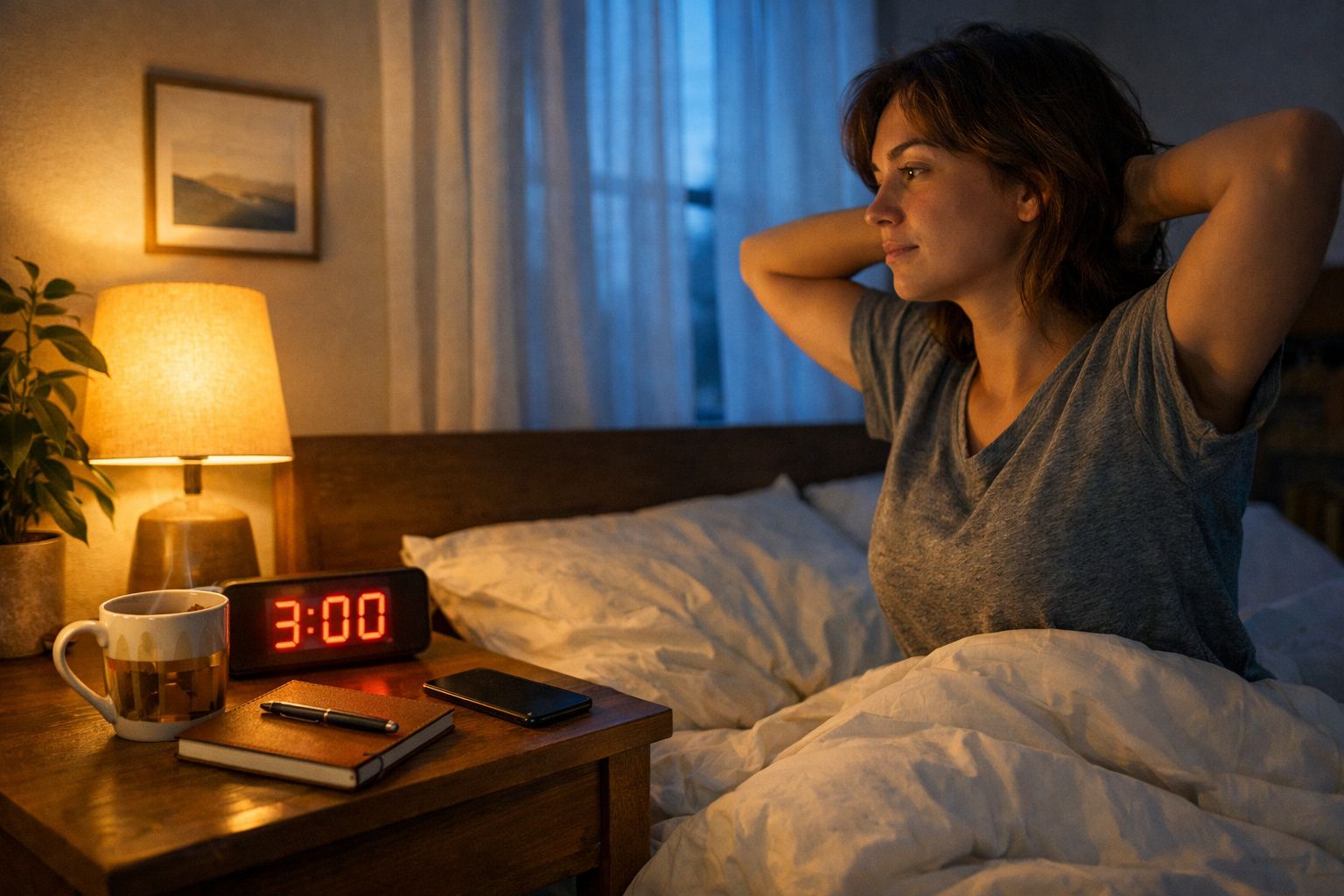 Mulher acordada na cama às 3 da manhã, surpresa, com luz de candeeiro e objetos na mesa de cabeceira.