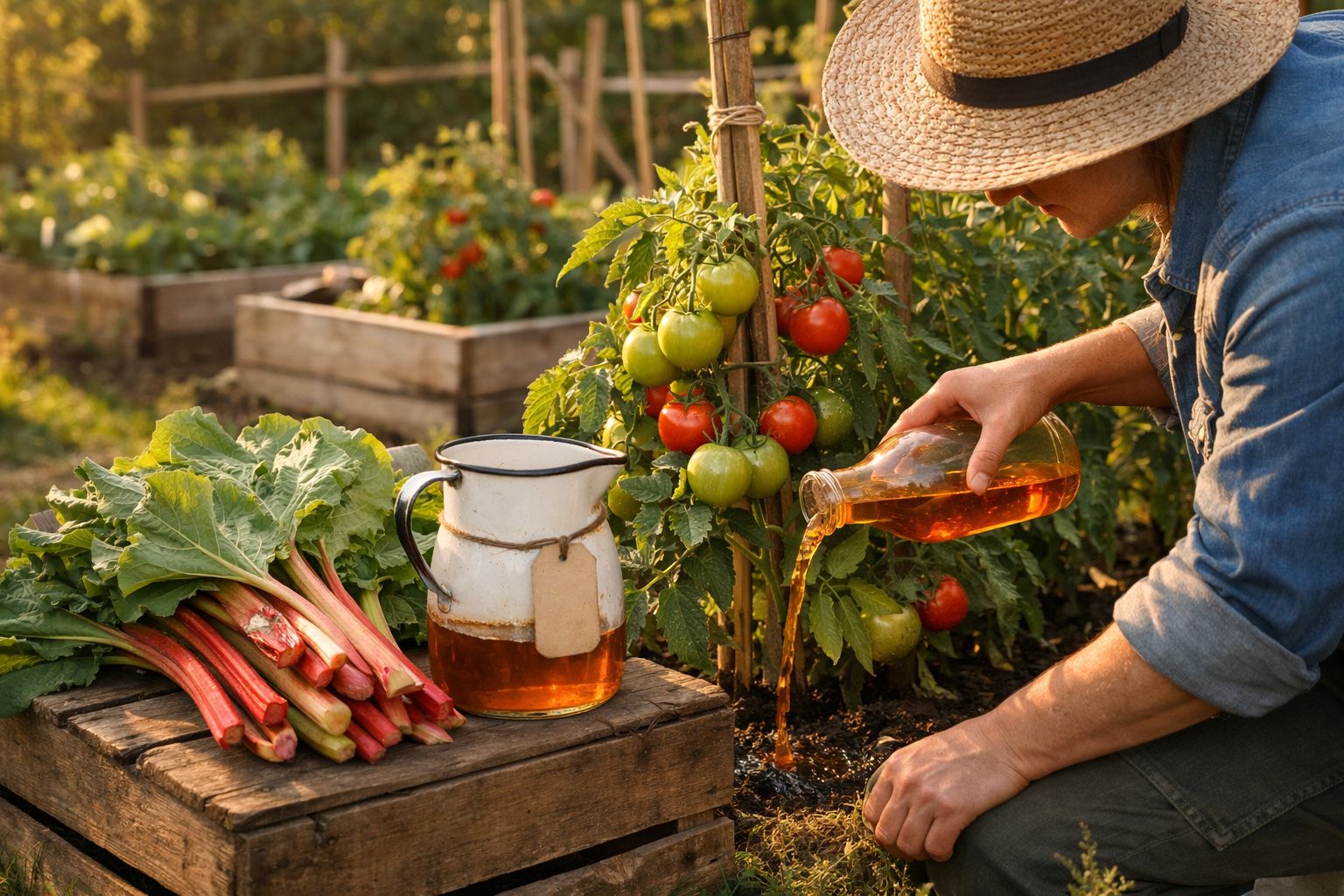 Pessoa a regar tomateiro numa horta com líquido âmbar, ao lado de ramos de ruibarbo numa caixa de madeira.