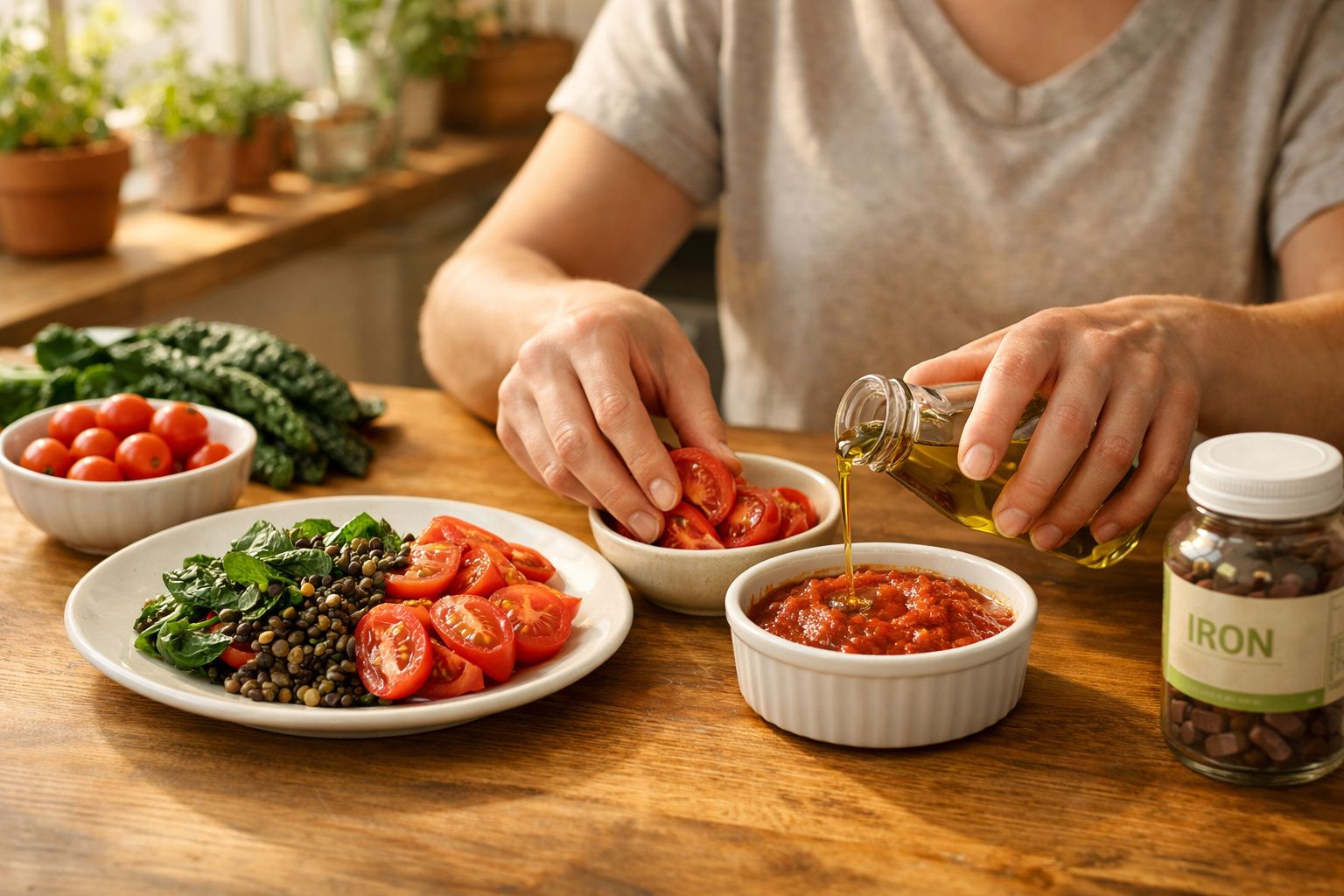 Pessoa a preparar salada com tomate, lentilhas e espinafres, e a deitar azeite numa taça de molho vermelho.