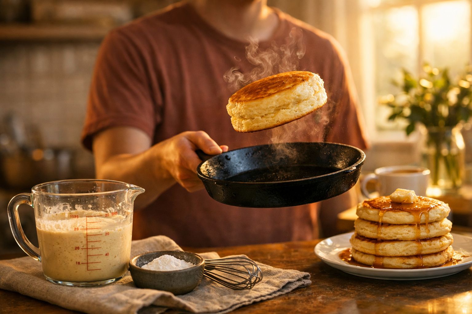 Pessoa a cozinhar panquecas quentes numa frigideira, com ingredientes e pilha de panquecas ao lado na mesa.
