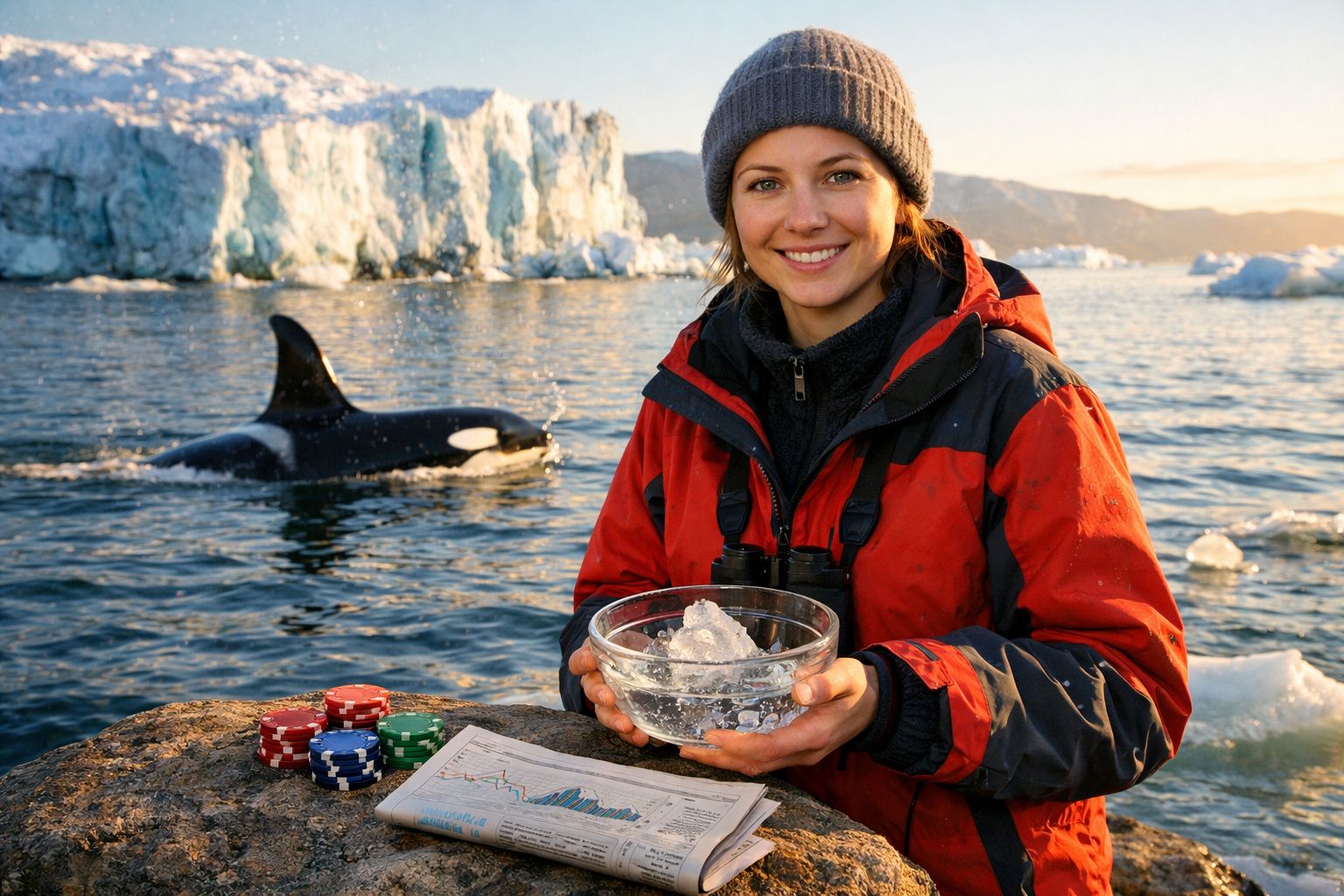 Mulher sorridente segura cubo de gelo junto ao mar com orca e iceberg ao fundo, em ambiente polar.
