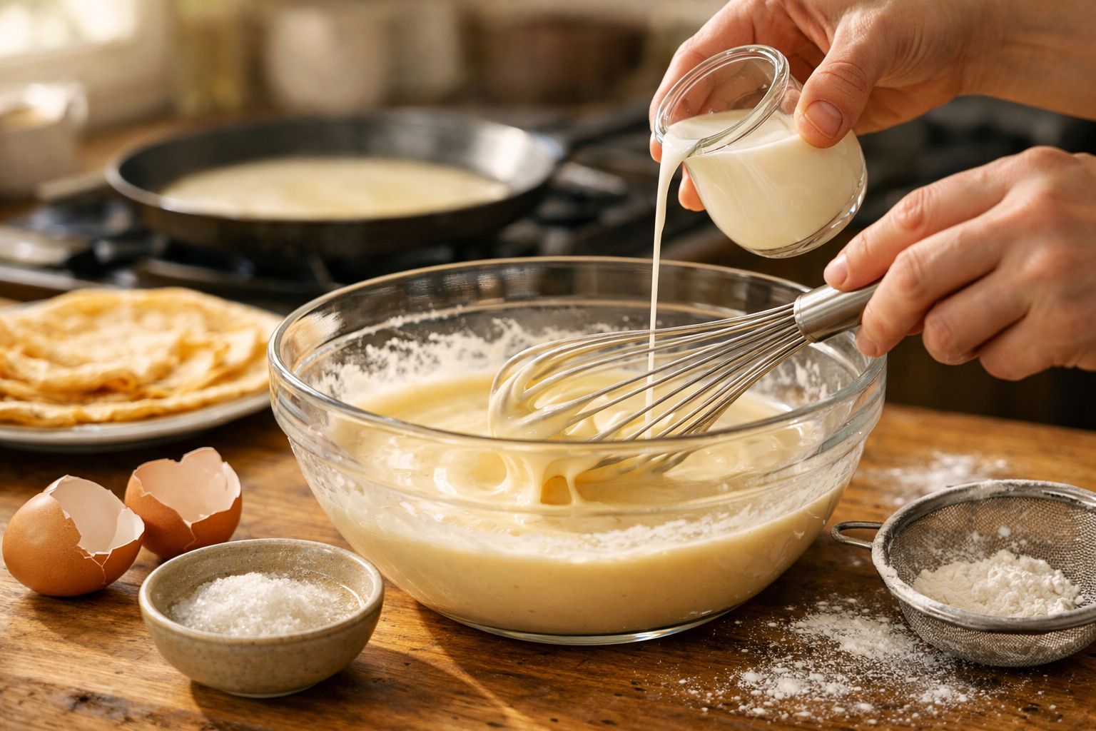 Pessoa a preparar massa para crepes, com leite a ser derramado numa taça de vidro e ingredientes ao lado.