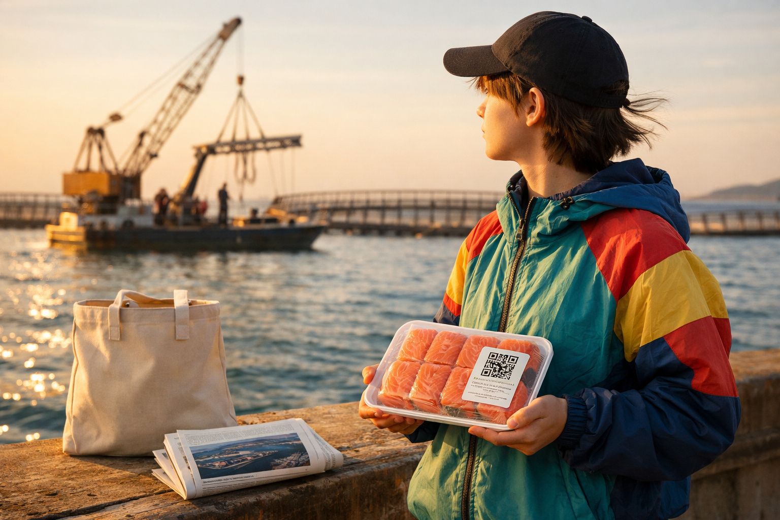 Jovem com casaco colorido segura embalagem de sushi perto do mar ao pôr do sol, com barco ao fundo.