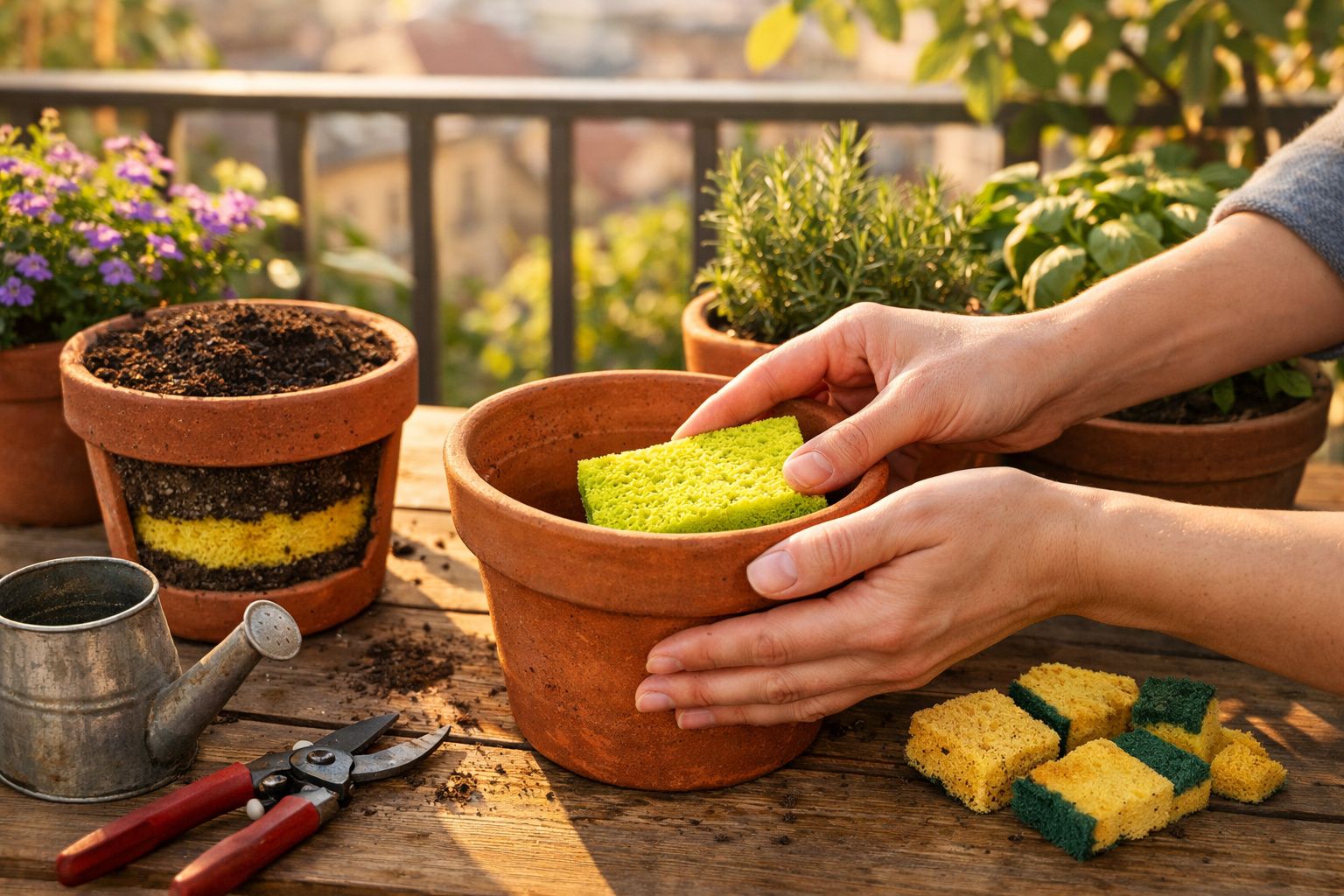 Mãos a colocar uma esponja num vaso de barro, com outros vasos e ferramentas de jardinagem numa mesa de madeira.