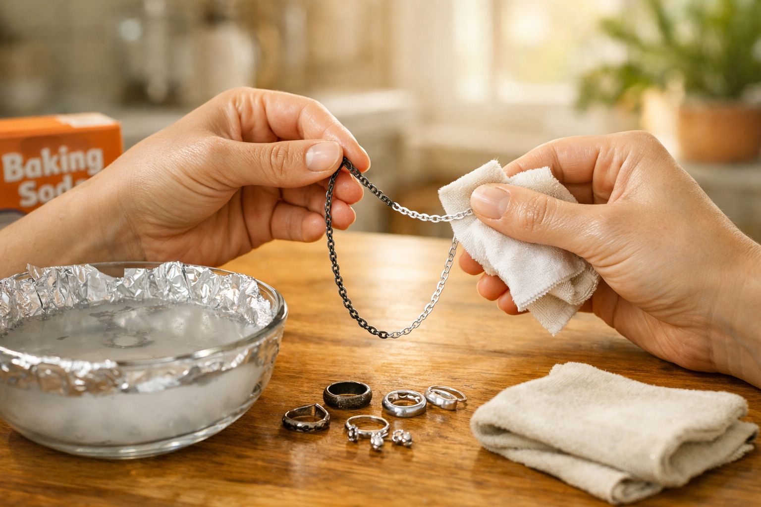 Mãos a limpar um colar de prata com pano, vários anéis e bicarbonato de sódio numa mesa de madeira.