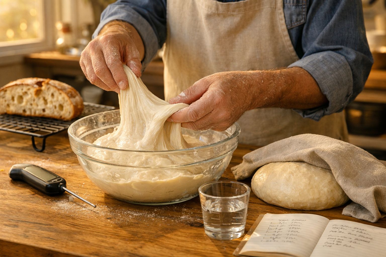 Pessoas a amassar massa de pão numa tigela de vidro, com bola de massa e pão ao fundo sobre mesa de madeira.