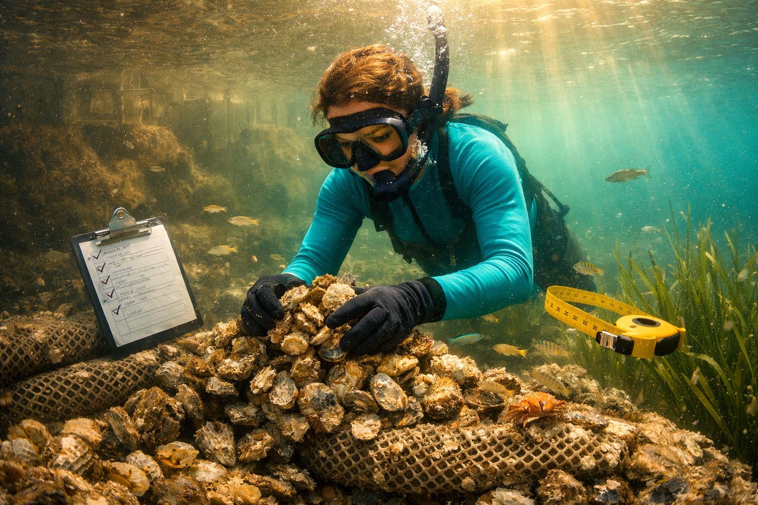 Mergulhadora a inspecionar ostras num viveiro subaquático, com prancheta e fita métrica ao lado.