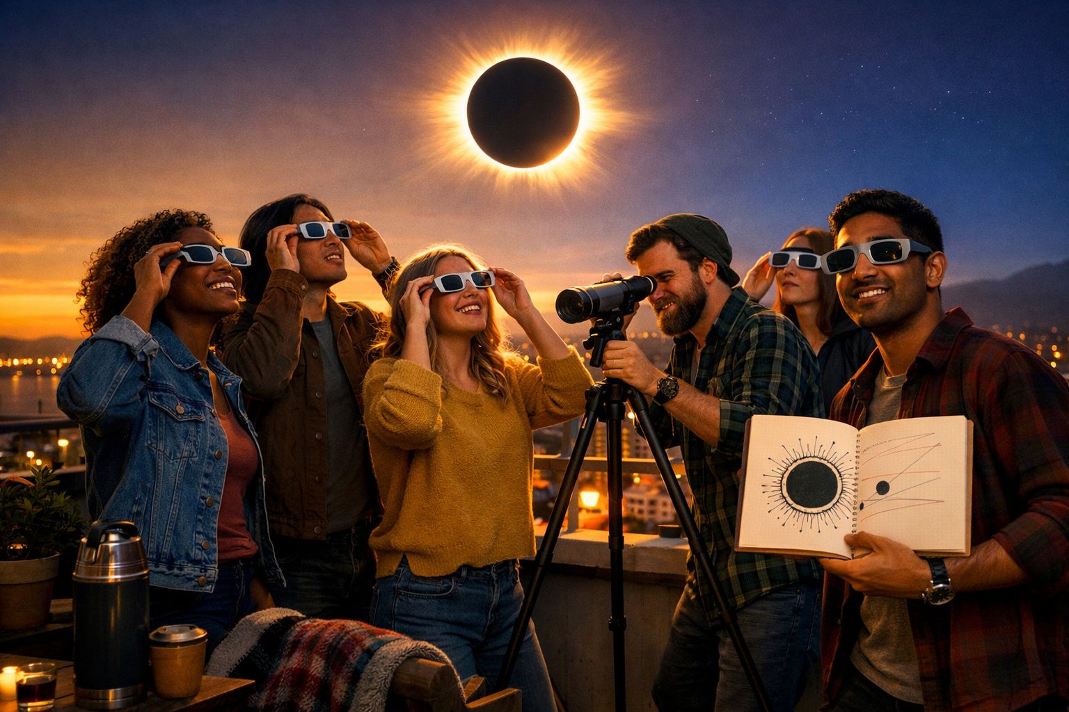 Grupo de seis pessoas a observar eclipse solar com óculos protetores ao pôr do sol numa cobertura urbana.