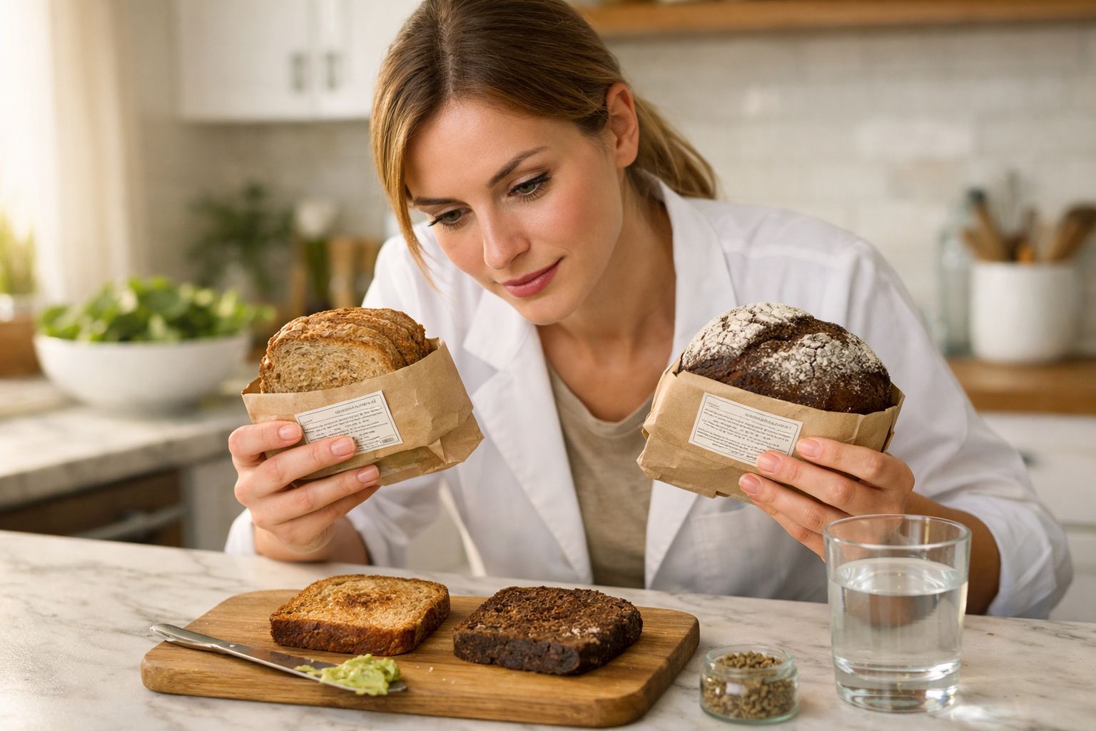 Mulher a comparar fatias de pão integral e pão escuro numa cozinha moderna com vidro de água.
