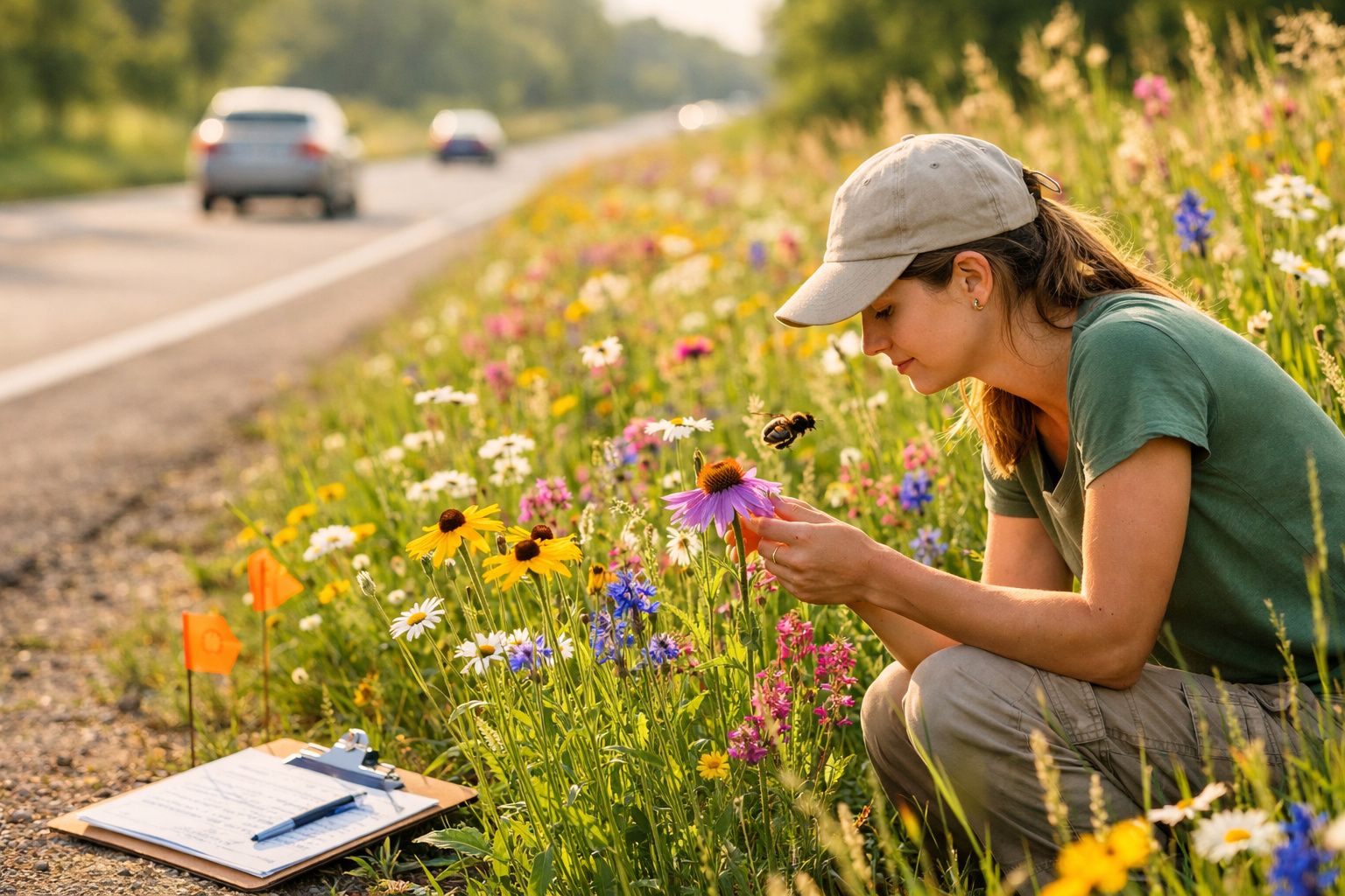 Mulher observando abelha numa flor num campo florido junto a uma estrada com carros ao fundo.