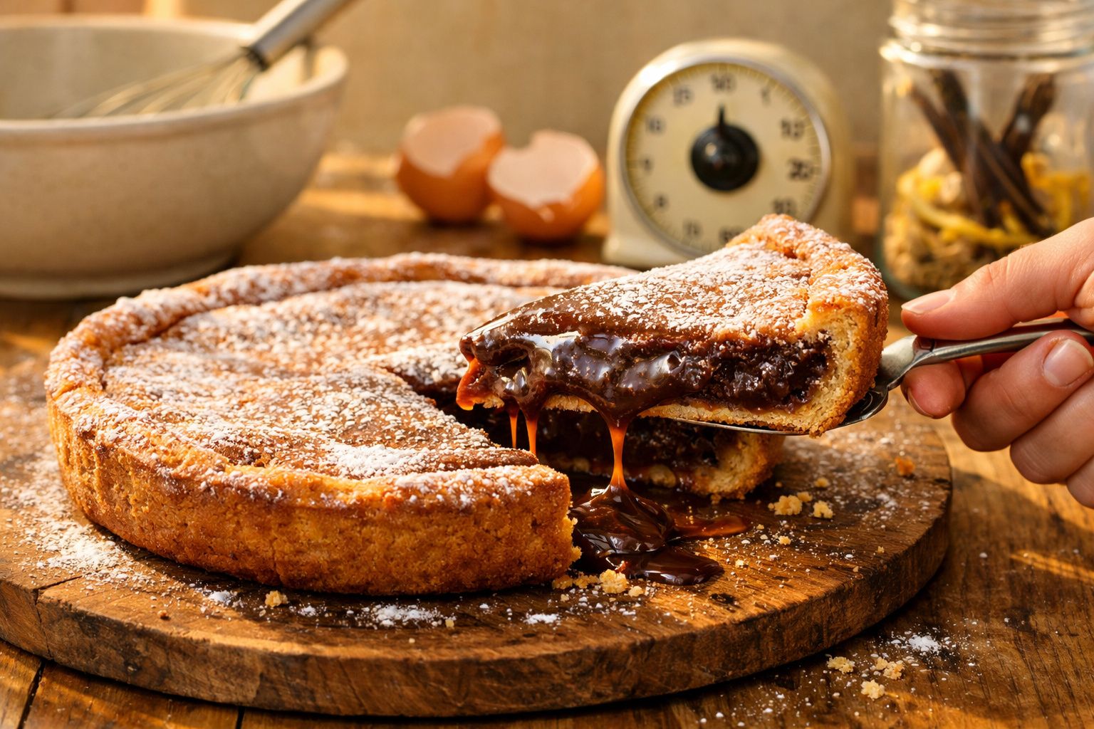 Tarte de chocolate quente com cobertura de açúcar em pó servida numa tábua de madeira.