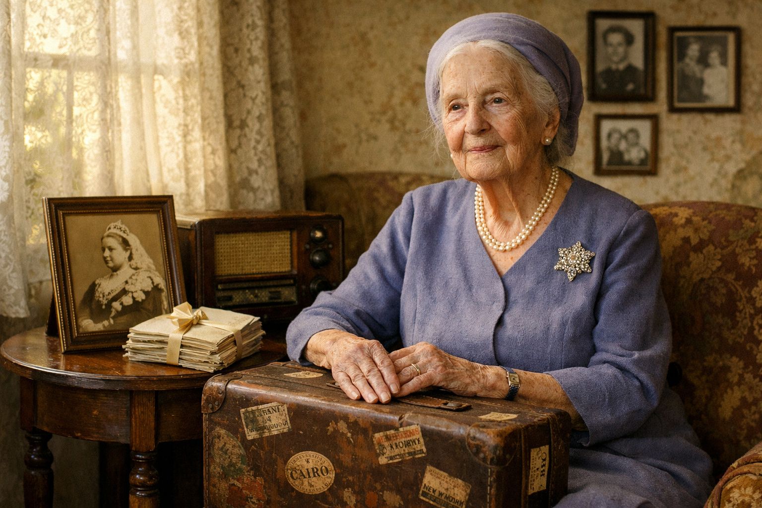 Idosa sentada com mala antiga, ao lado de mesa com rádio, cartas e fotografia vintage de mulher com coroa.