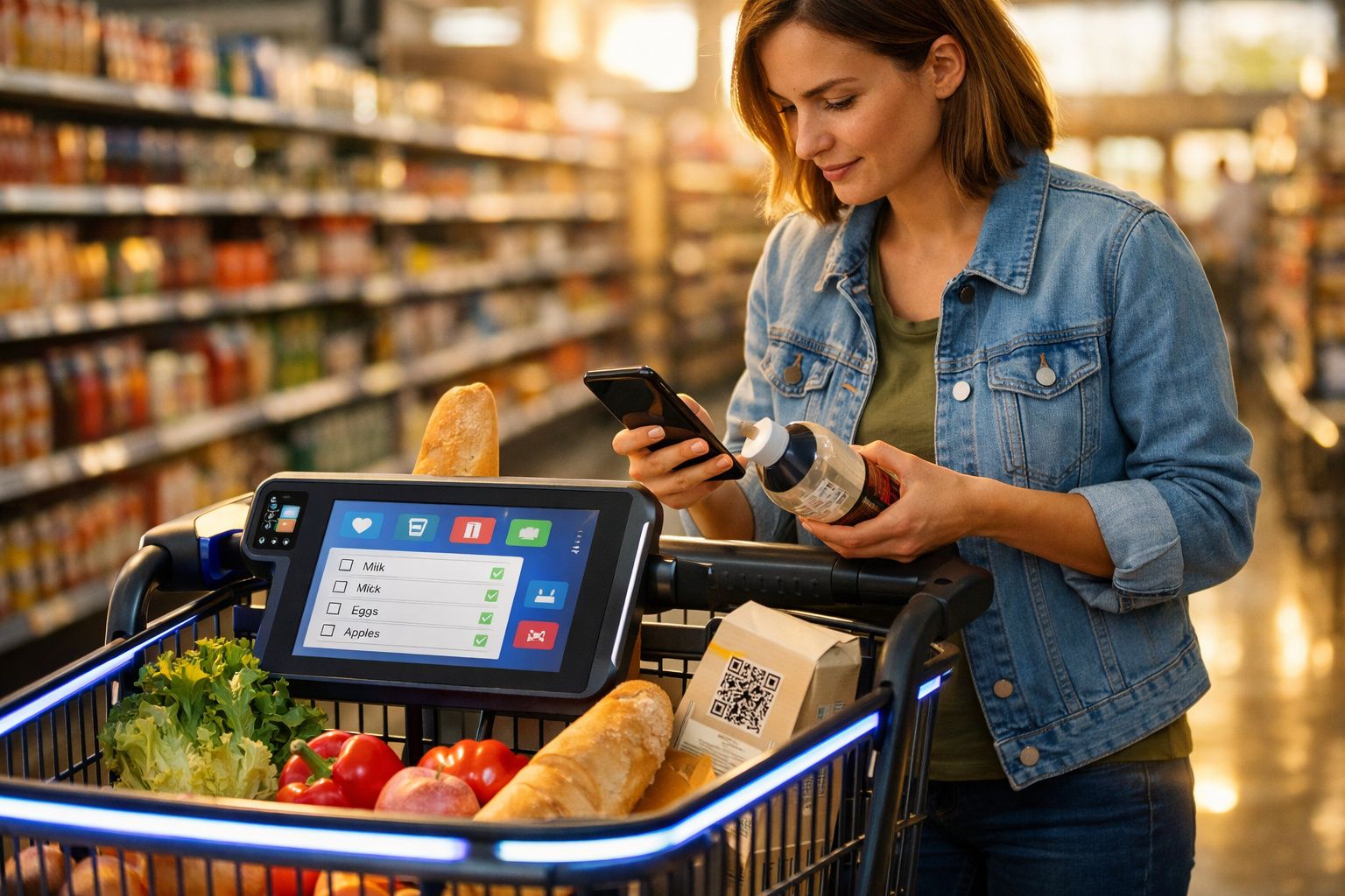 Mulher a fazer compras em supermercado com carrinho inteligente e aplicação no telemóvel na mão.
