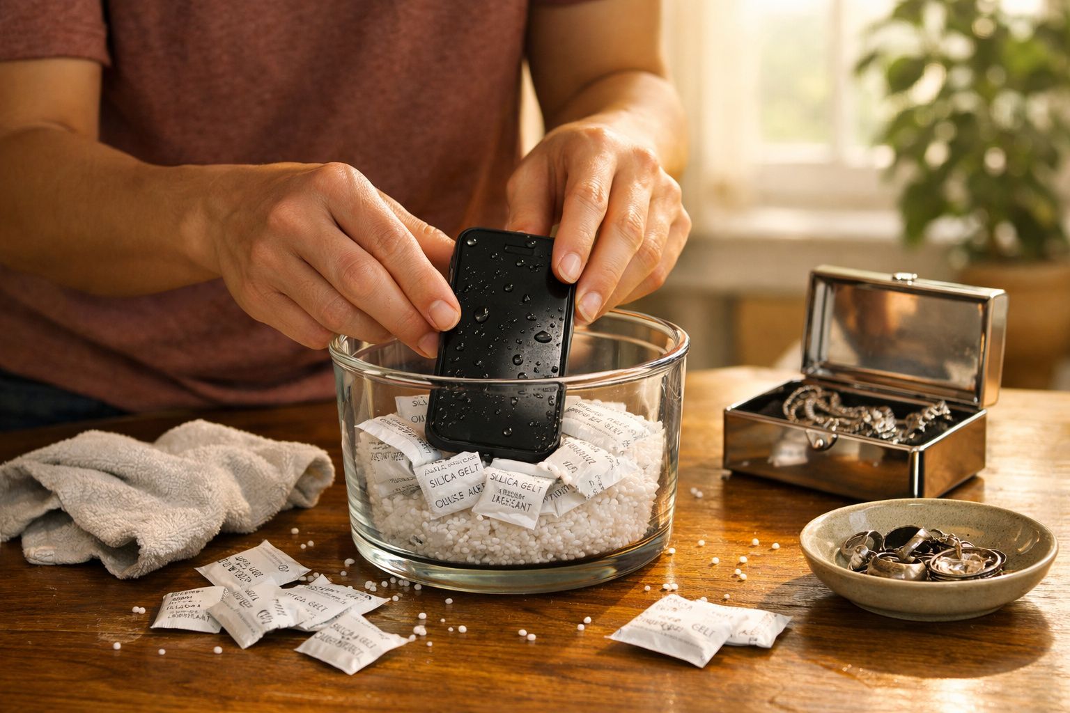 Pessoa a secar telemóvel molhado em recipiente com pacotes de gel de sílica num ambiente interior iluminado.
