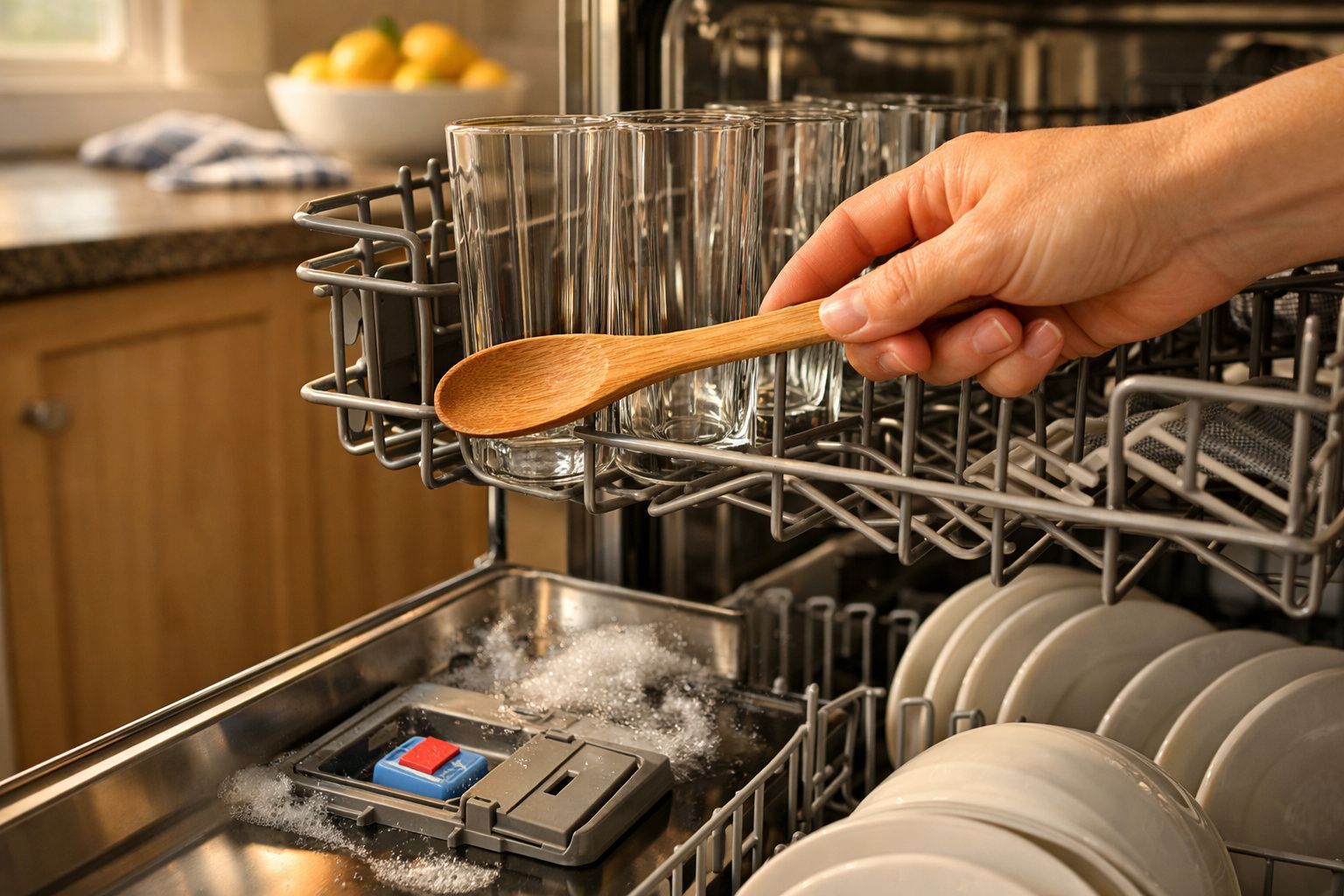 Mão colocando colher de pau num lava-louças com copos e pratos, com sabão a fazer espuma no interior.