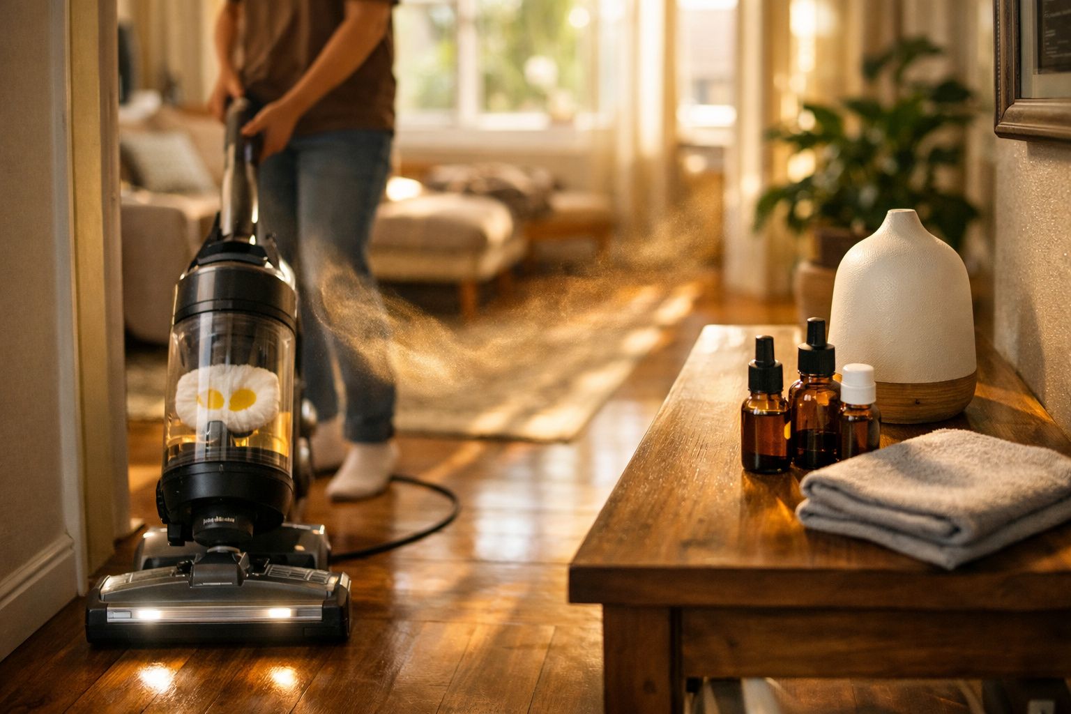 Pessoa a aspirar chão de madeira num ambiente acolhedor com luz natural e aroma de flores.