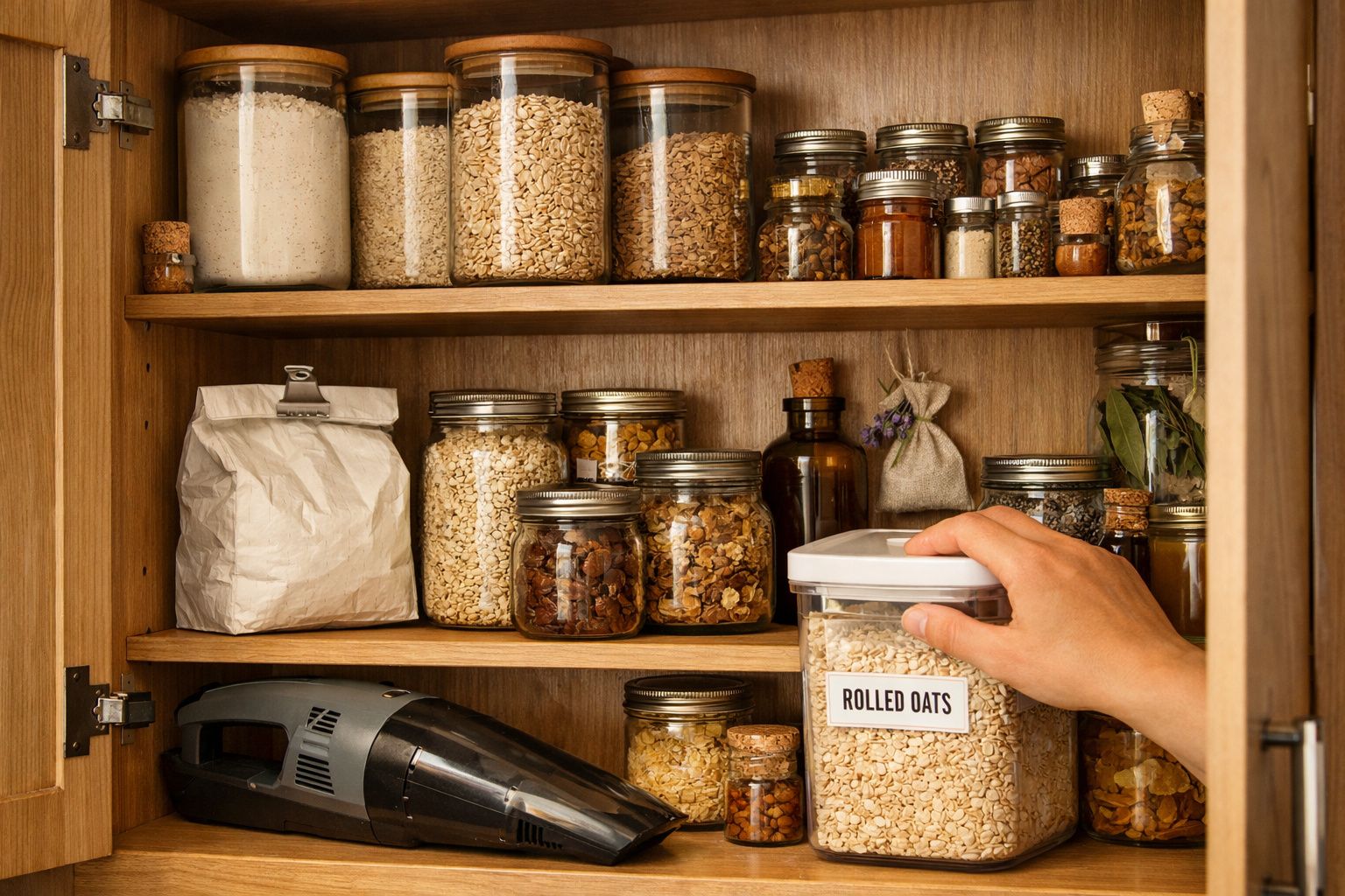 Mão a guardar aveia laminada em frasco num armário de madeira com vários frascos e recipientes de alimentos.