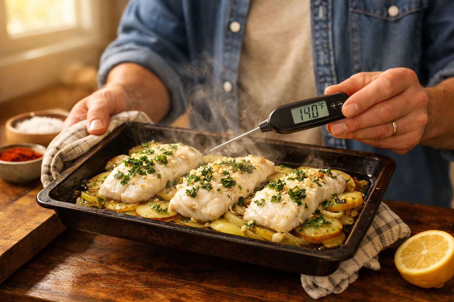 Pessoa a medir a temperatura de peixe assado com ervas e batatas numa assadeira com um termómetro digital.