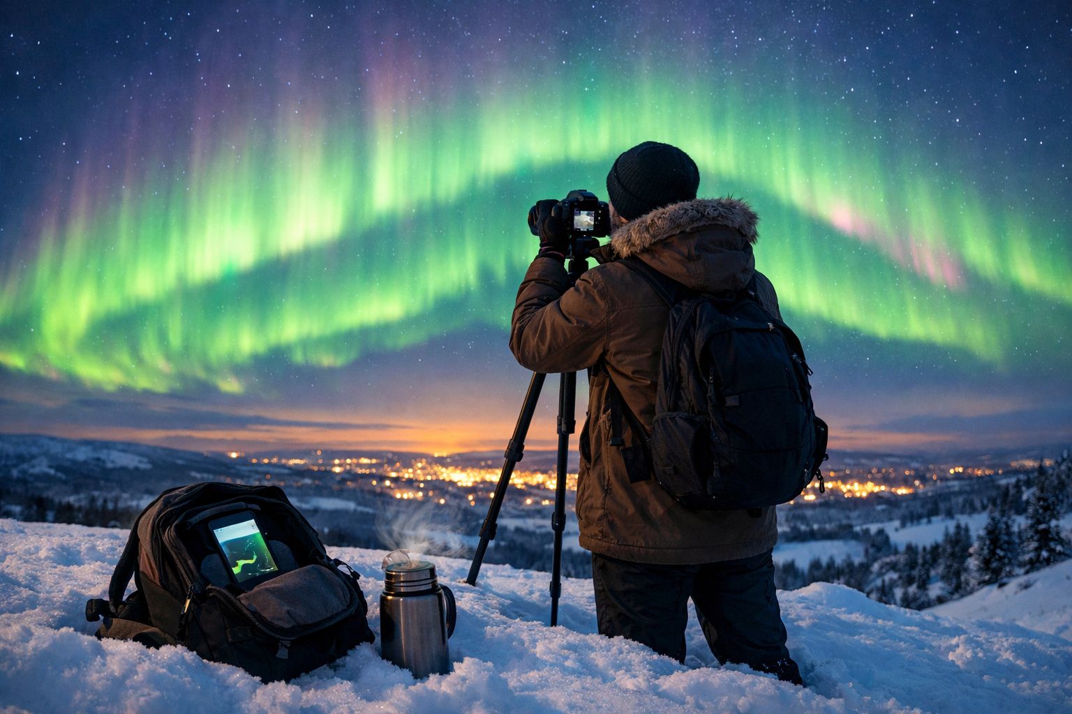Fotógrafo na neve captura a aurora boreal verde sobre cidade iluminada ao anoitecer.