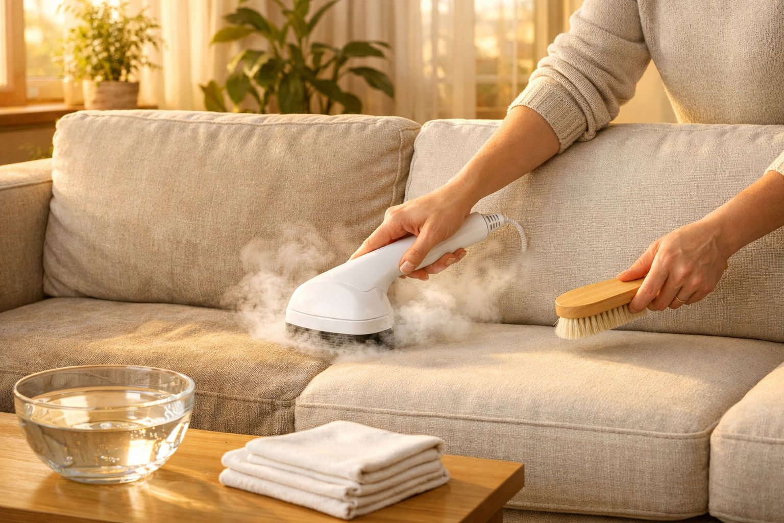 Pessoa a limpar um sofá bege com escova e vaporizador de limpeza a vapor numa sala iluminada.