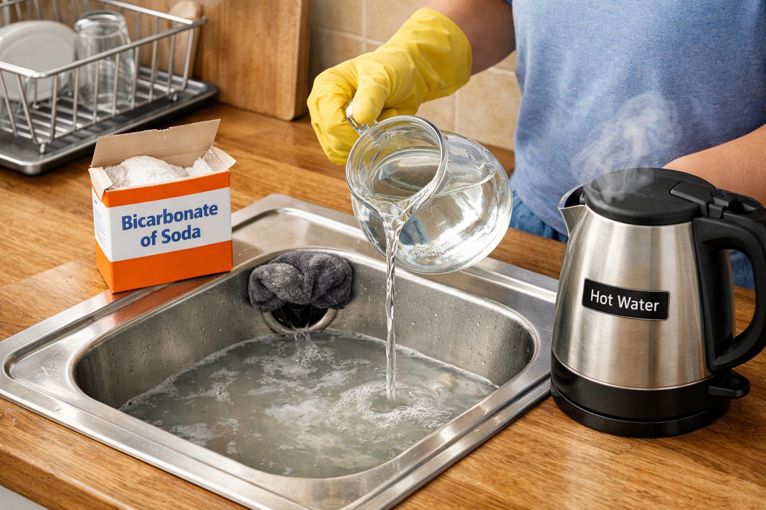Pessoa a verter água quente na pia com bicarbonato de sódio ao lado, usando luvas amarelas.
