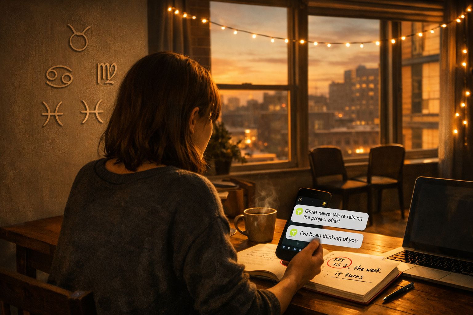 Pessoa sentada a ler mensagens no telemóvel, numa mesa com livros e computador, ao pôr do sol.