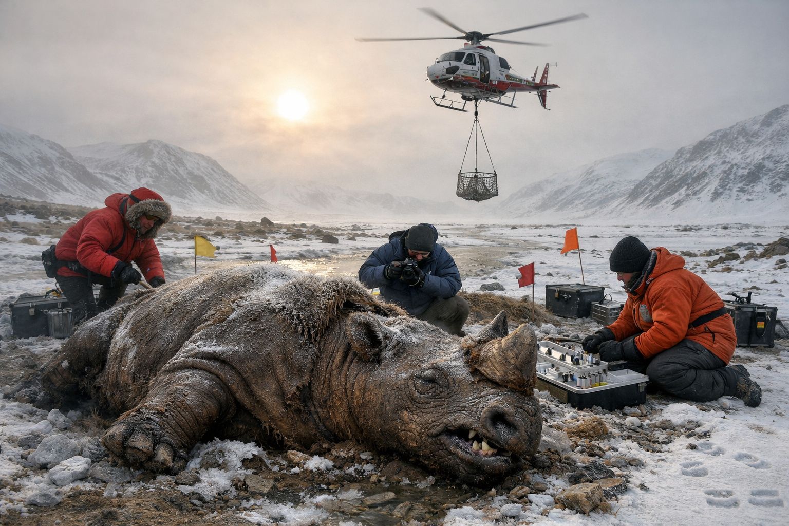 Rinoceronte congelado em região montanhosa, com equipa científica a investigar e helicóptero no céu cinzento.