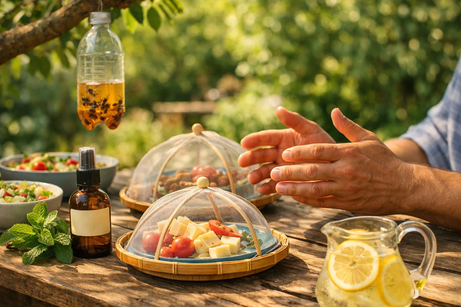 Duas mãos perto de comida coberta por redomas de proteção contra insetos numa mesa ao ar livre.