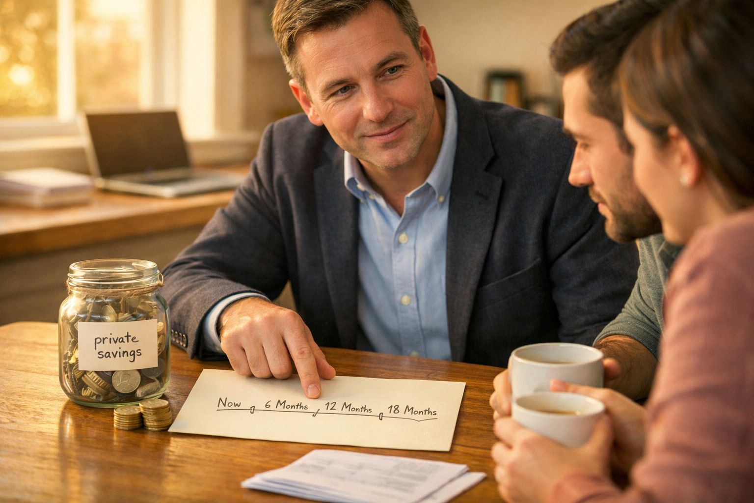 Homem a explicar plano financeiro a casal com jarro de moedas e gráfico de poupanças privadas numa mesa.