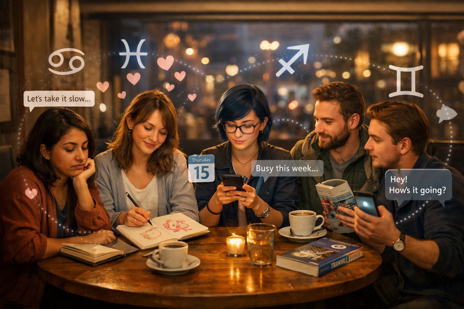 Cinco jovens sentados à mesa de café, rodeados por símbolos do zodíaco e balões de conversa digitais.