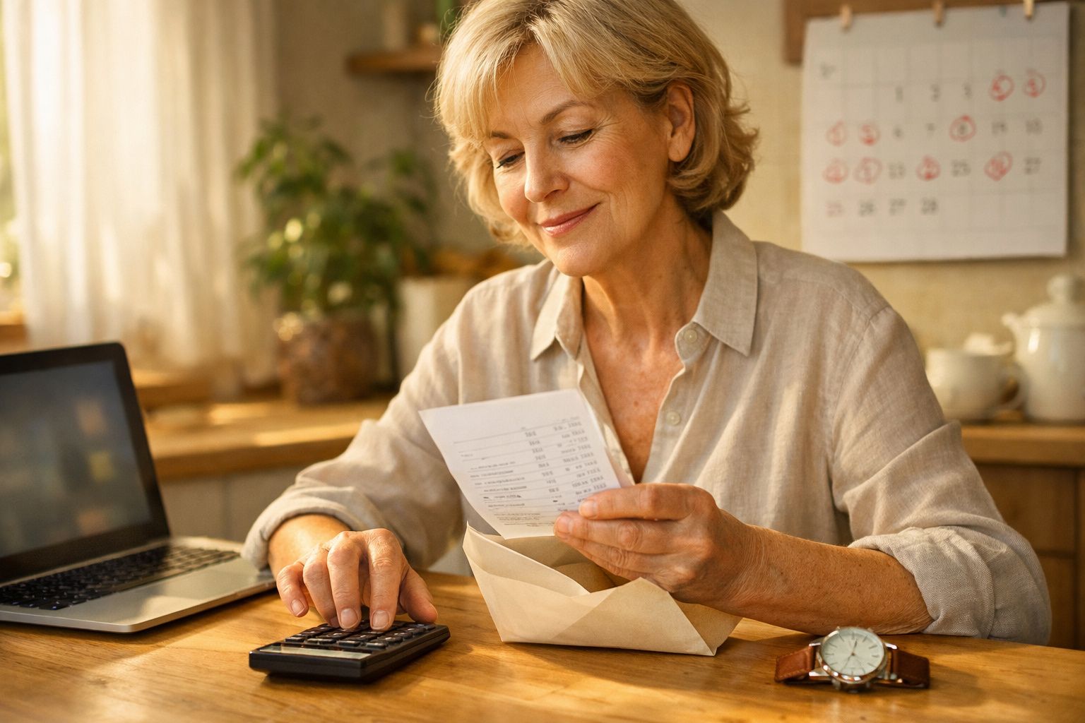 Mulher sorridente a calcular despesas com calculadora e a consultar uma fatura na cozinha.