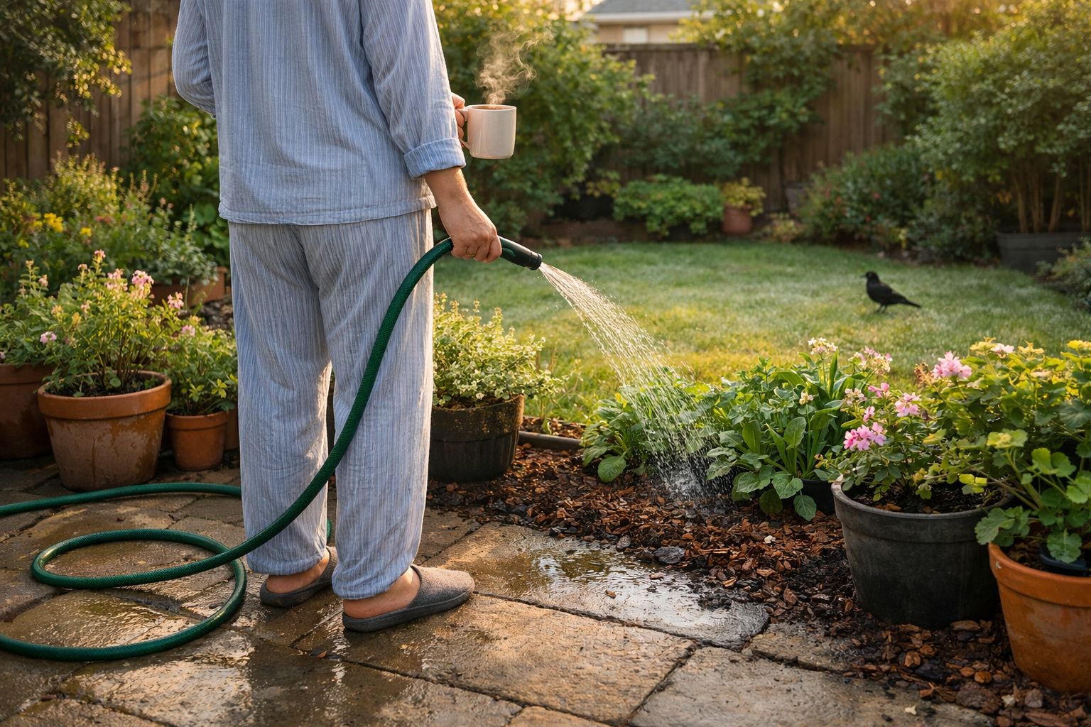 Pessoa de pijama a regar plantas num jardim com regador e a segurar uma chávena.