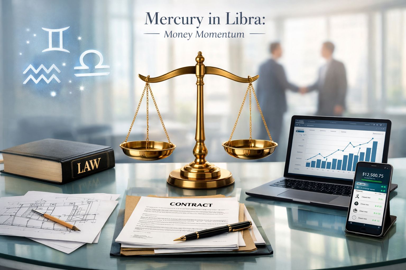 Balança dourada, livro de direito, contrato, laptop com gráfico financeiro e smartphone com aplicativo de finanças.