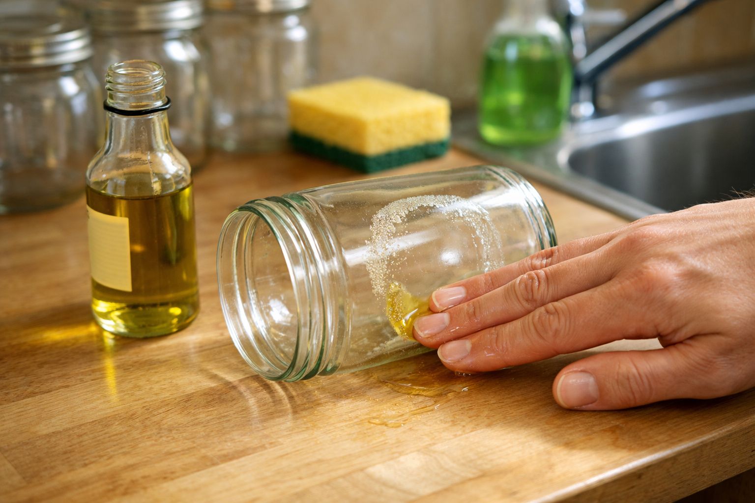Mão a limpar um frasco de vidro com óleo na superfície de madeira, com esponja e garrafa ao fundo.
