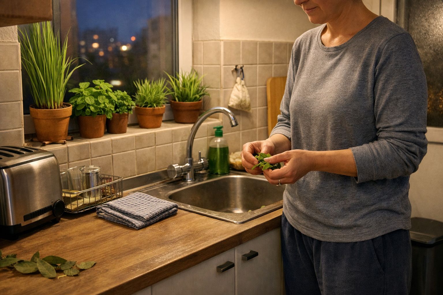 Pessoa a preparar ervas frescas numa cozinha acolhedora com plantas em vasos junto à janela durante a noite.