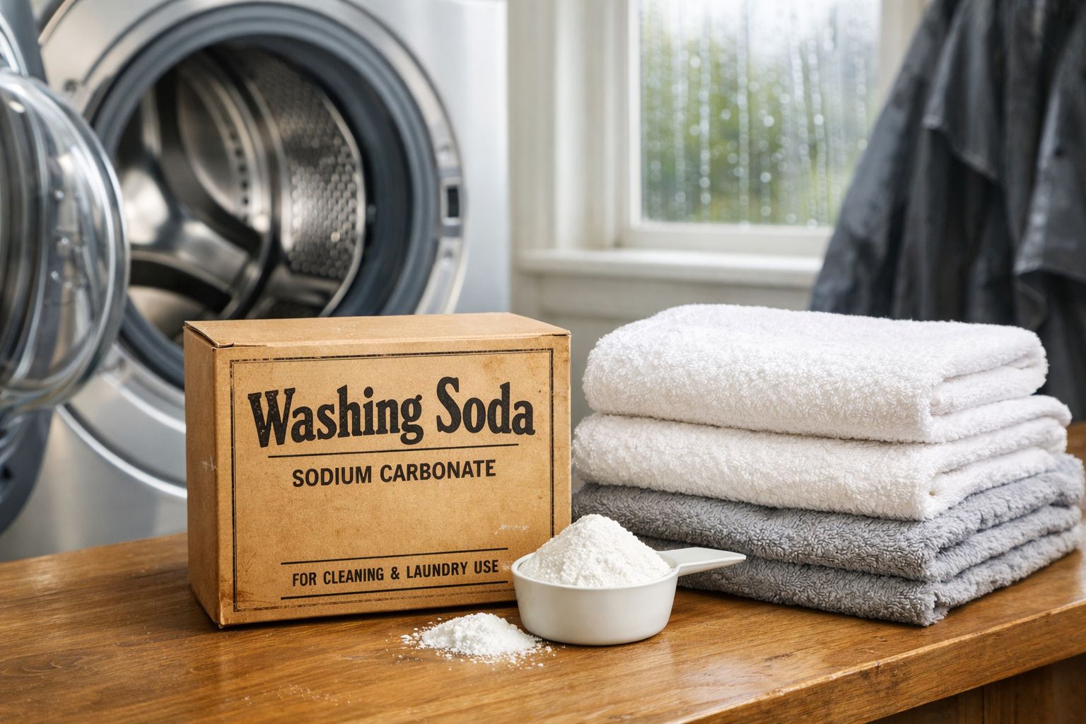 Máquina de lavar roupa aberta, caixa de soda para lavagem, medida com pó e toalhas dobradas num balcão.