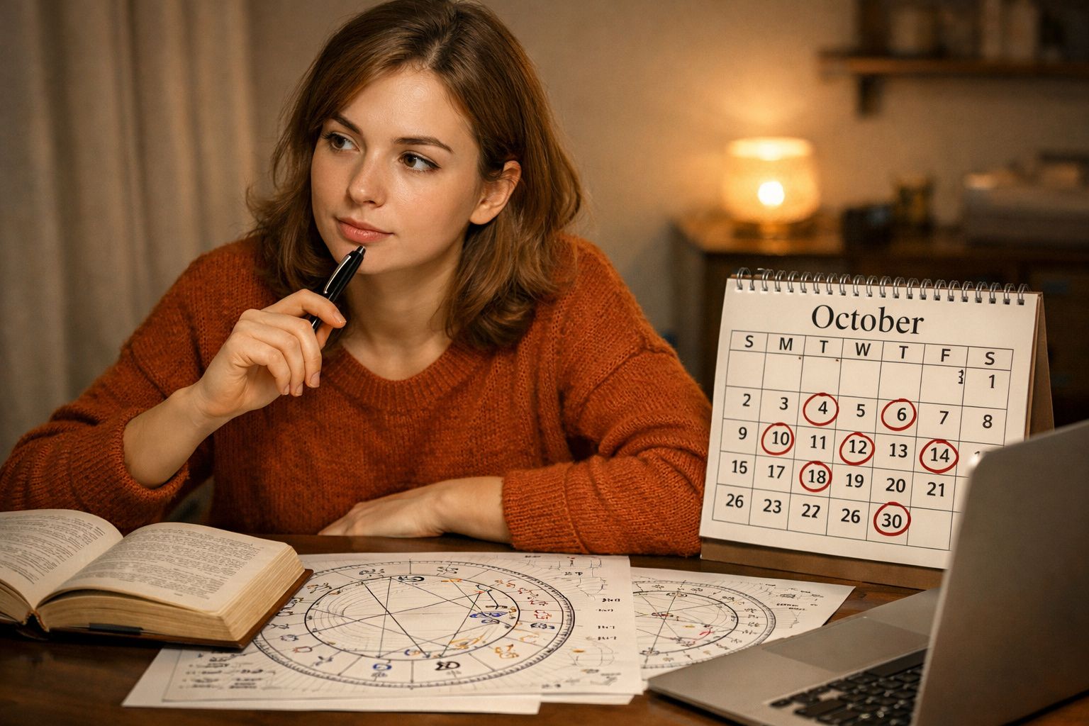 Mulher pensativa a analisar mapas astrológicos com calendário de outubro marcado na mesa.