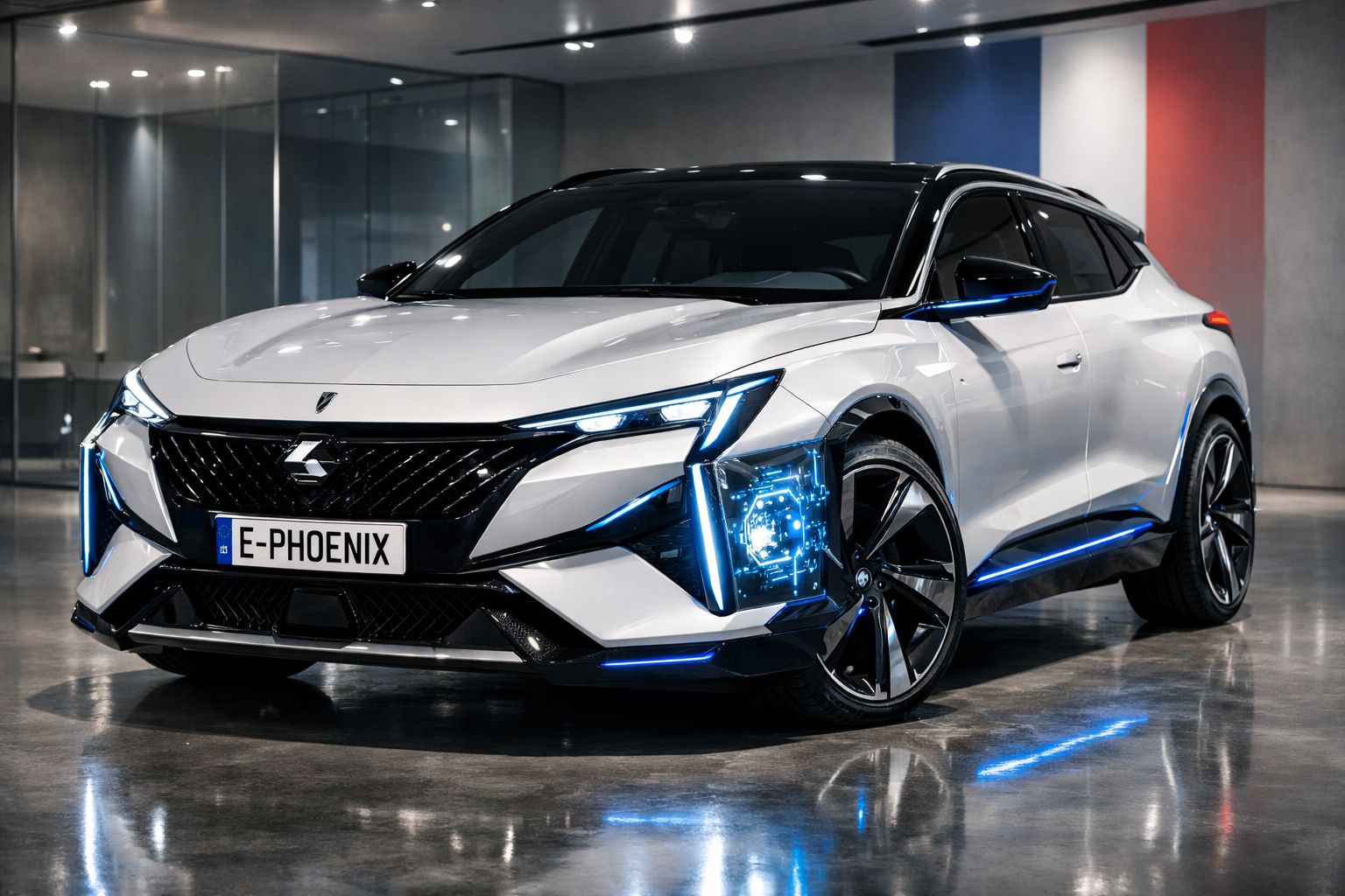 Carro elétrico branco E-Phoenix com luzes azuis e design moderno em ambiente interior com piso refletor.