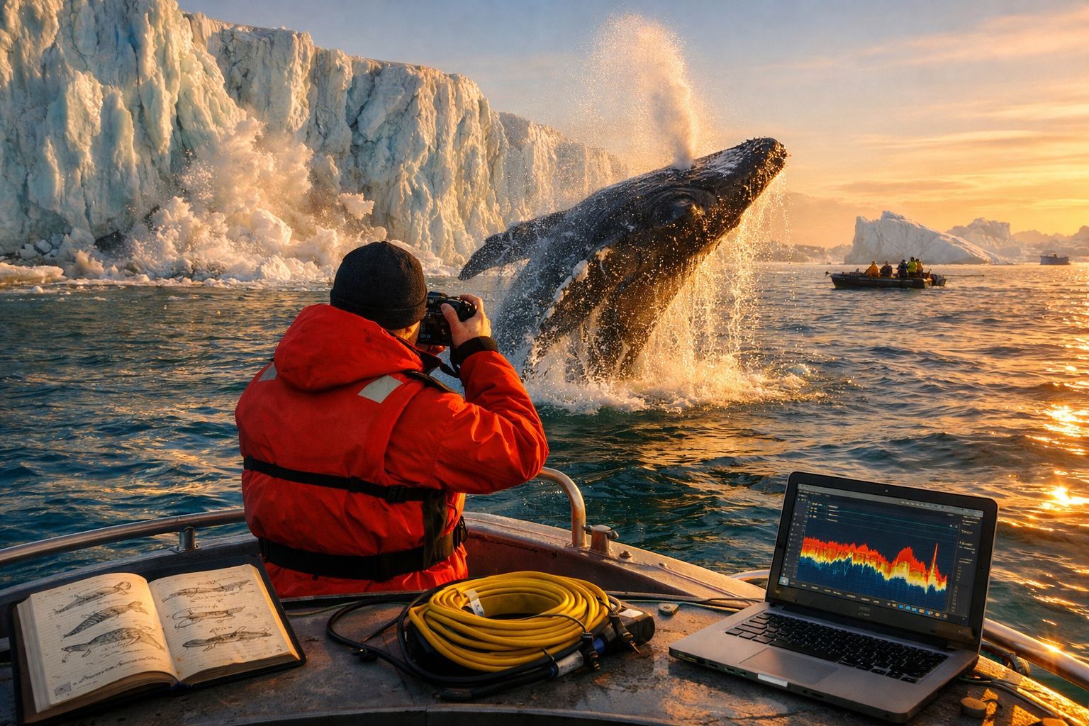 Pessoa com casaco vermelho fotografa uma baleia a saltar do mar em ambiente ártico com icebergues ao pôr-do-sol.