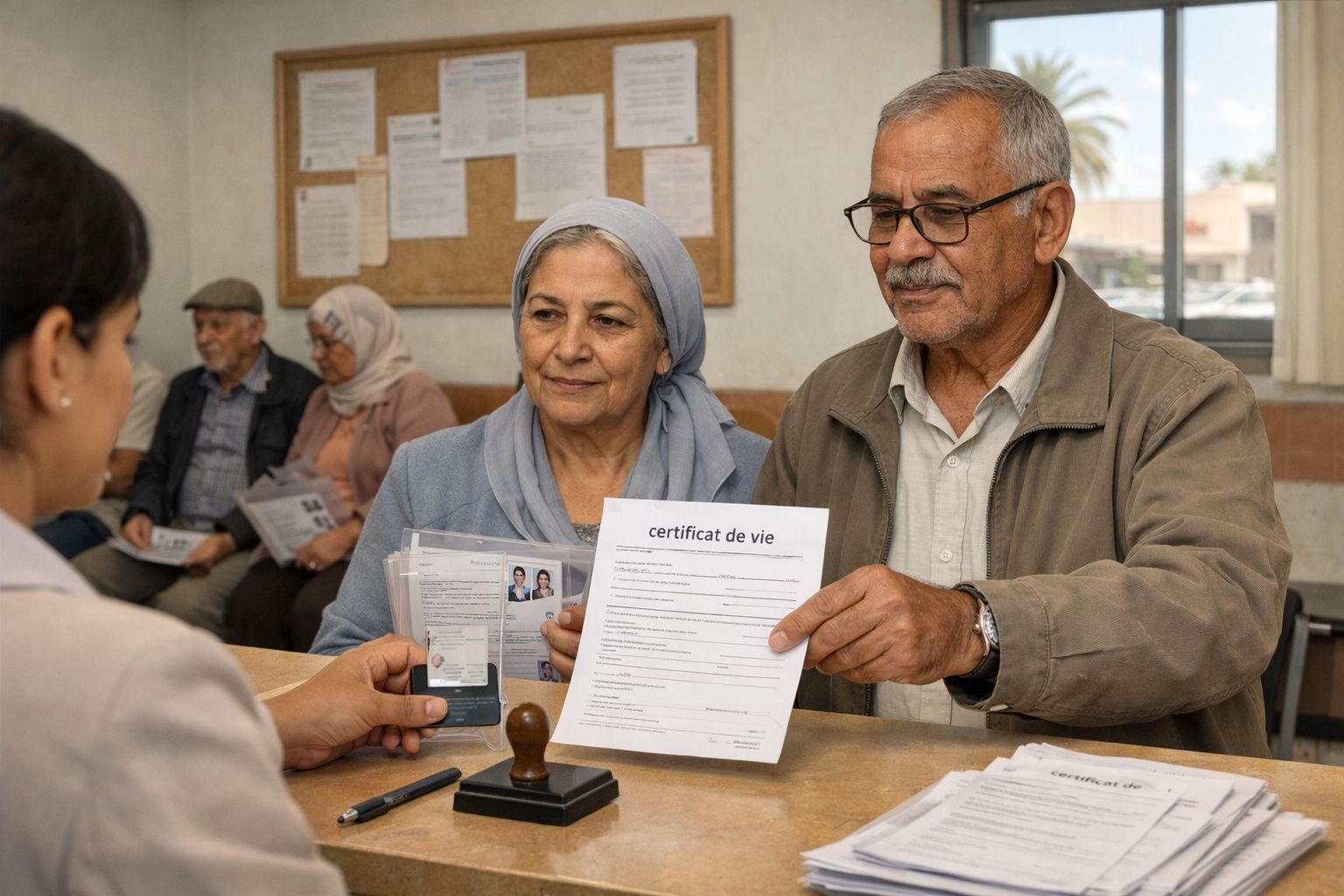 Casal idoso a apresentar documentos num balcão de atendimento num escritório governamental.
