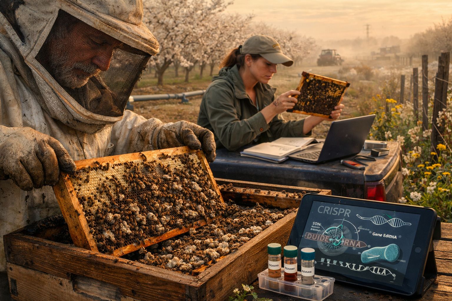 Apicultor em fato protetor a inspecionar colmeia com mulher a analisar quadro de abelhas e computador ao ar livre.
