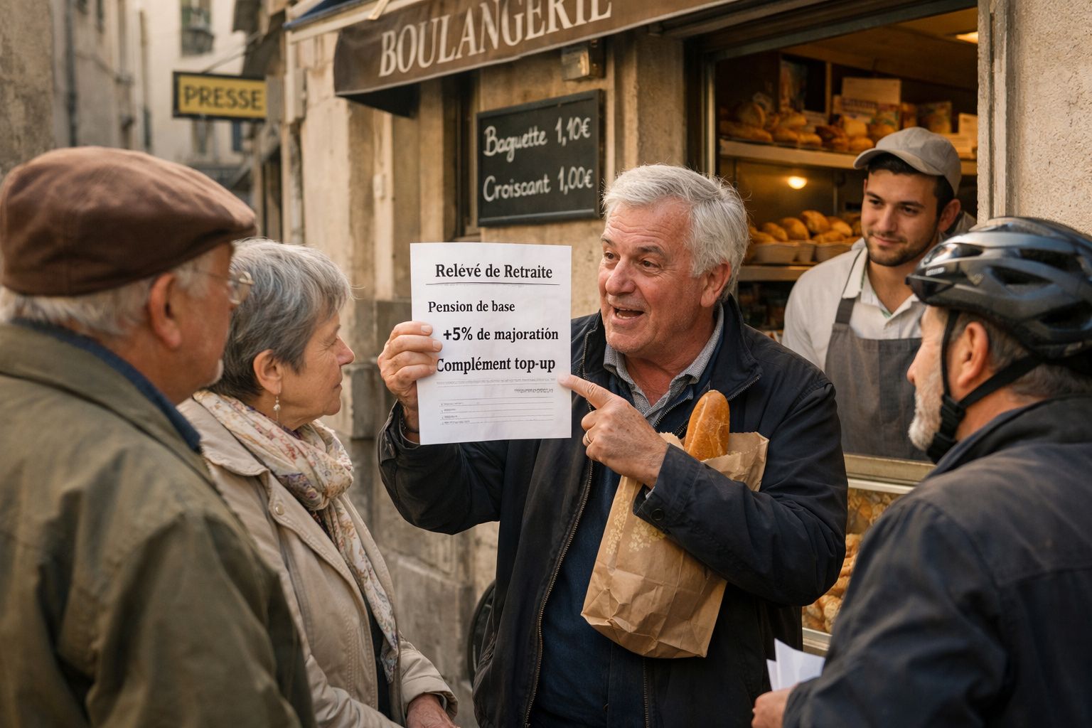 Homem idoso mostra documento sobre reforma a grupo, junto a padaria numa rua antiga.