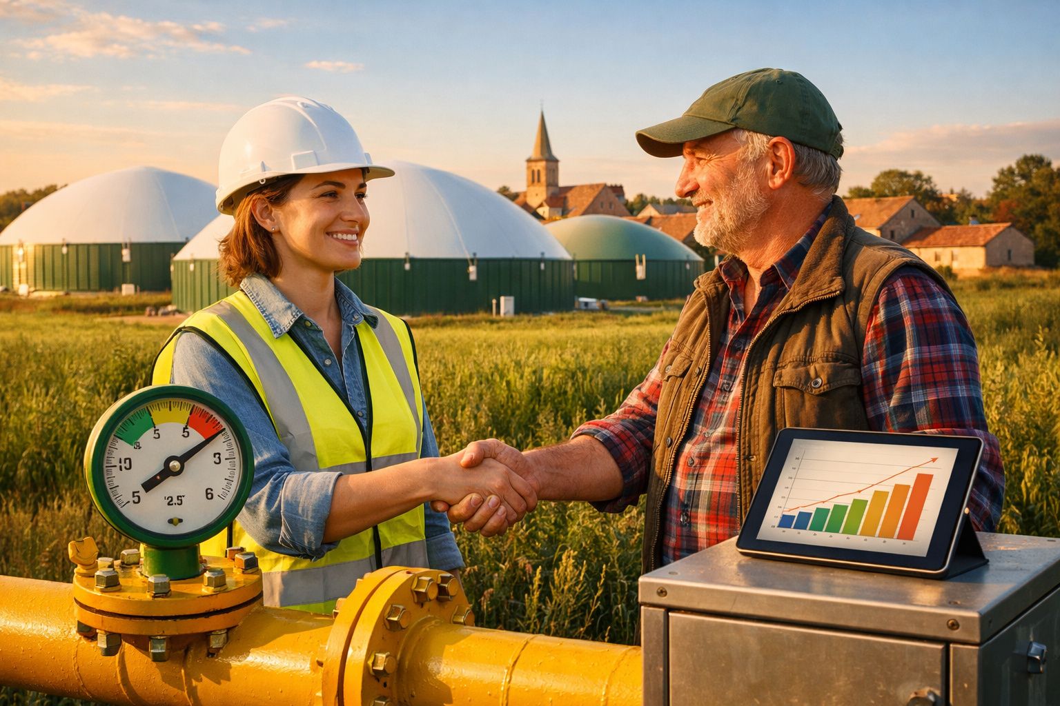 Duas pessoas a apertar as mãos numa exploração agrícola, com gráficos e equipamentos visíveis ao redor.