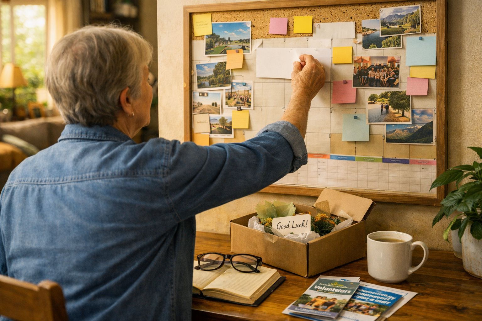 Mulher idosa marca calendário com fotos e notas em quadro, com objetos pessoais e chá numa mesa.