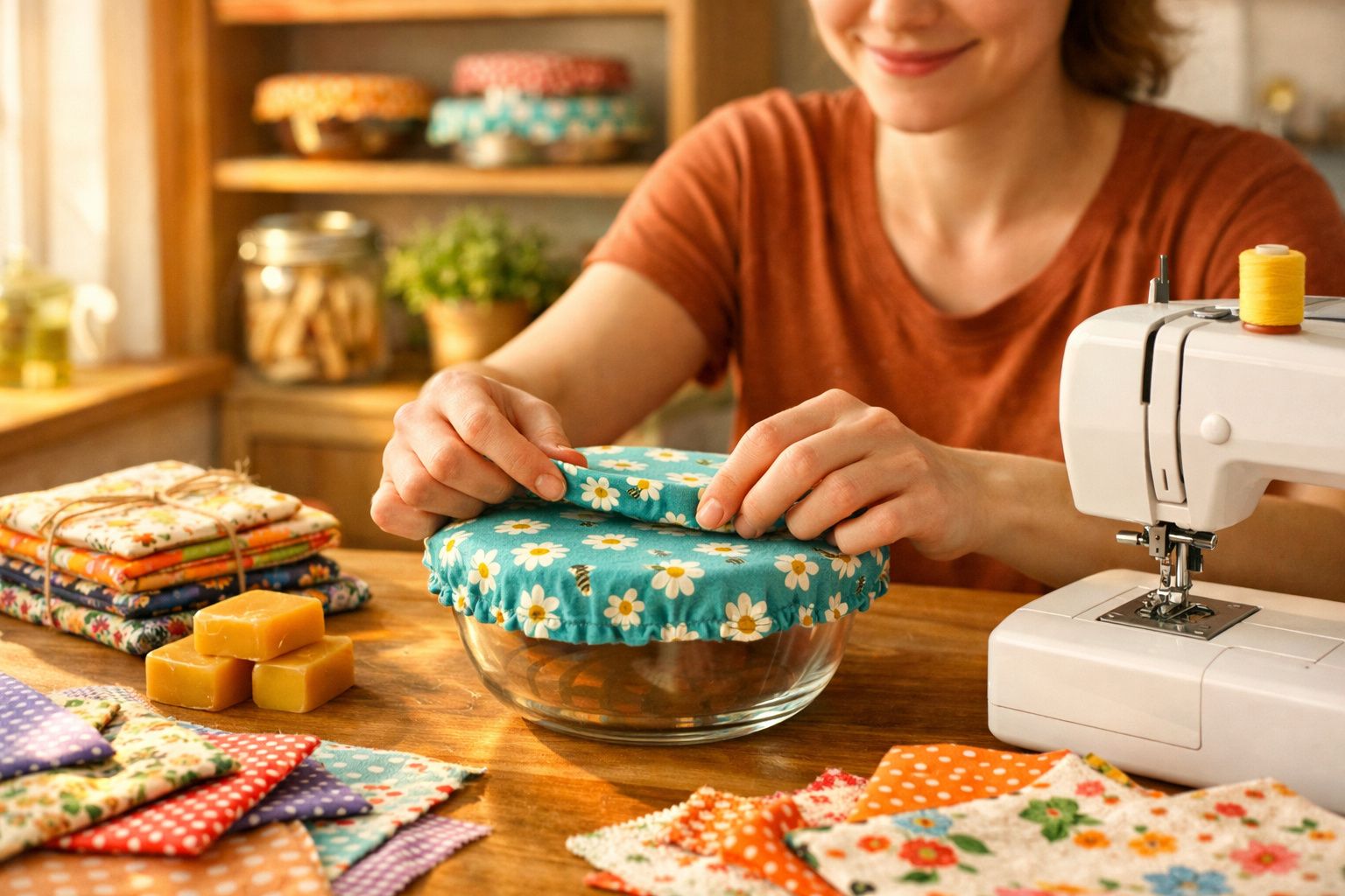 Mulher a cobrir uma taça com tecido azul decorado com flores brancas, máquina de costura ao lado.