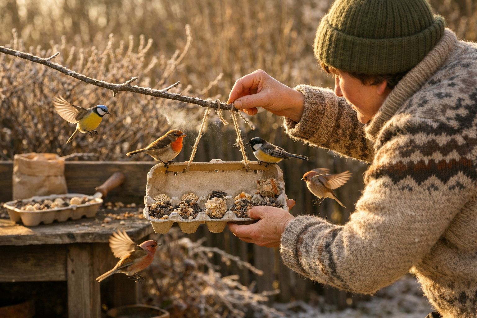Pessoa alimenta pássaros com suet caseiro numa estrutura feita de caixa de ovos pendurada num ramo.