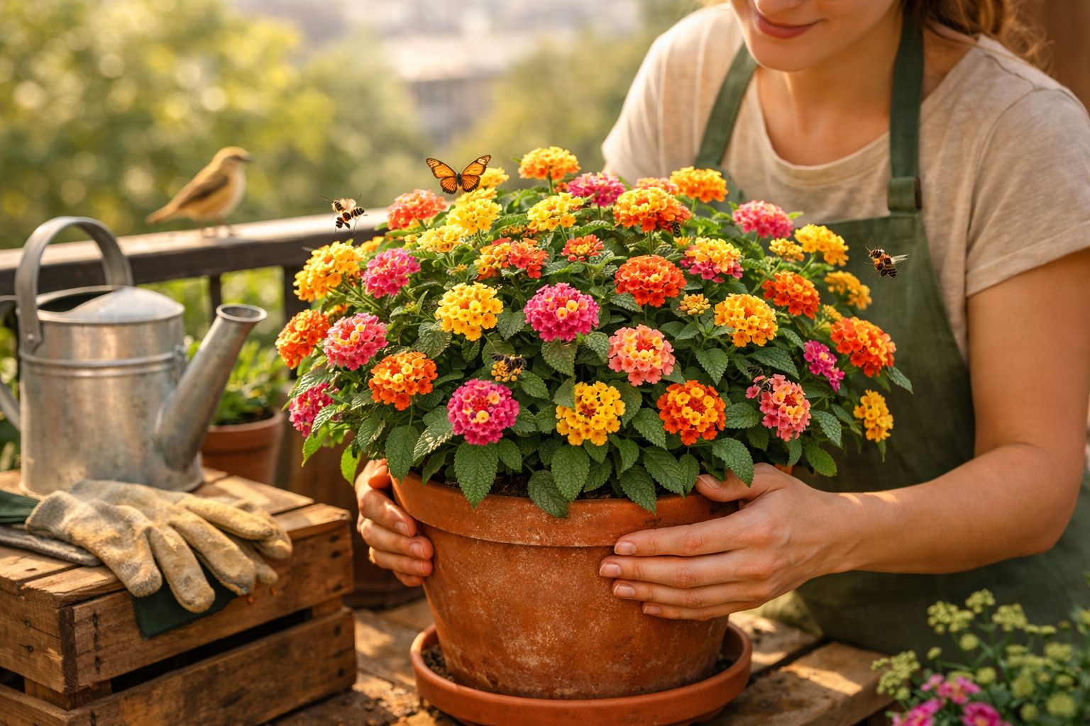 Pessoa a segurar vaso com flores coloridas, borboleta, abelhas e pássaro no jardim ao entardecer.