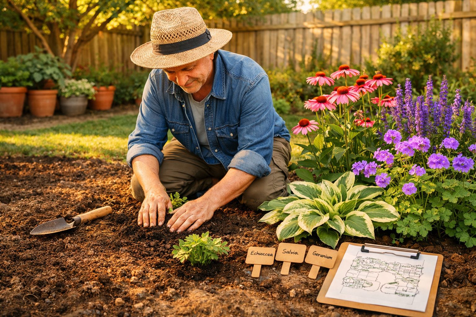 Homem com chapéu a plantar ervas aromáticas num jardim junto a flores com etiquetas e plano de jardinagem.