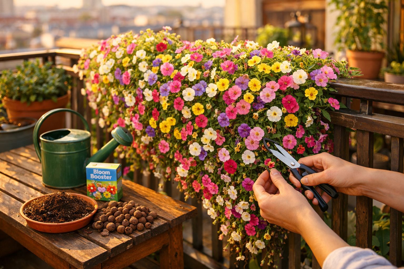 Pessoa a podar flores coloridas numa varanda com regador, adubo e terra numa mesa de madeira.