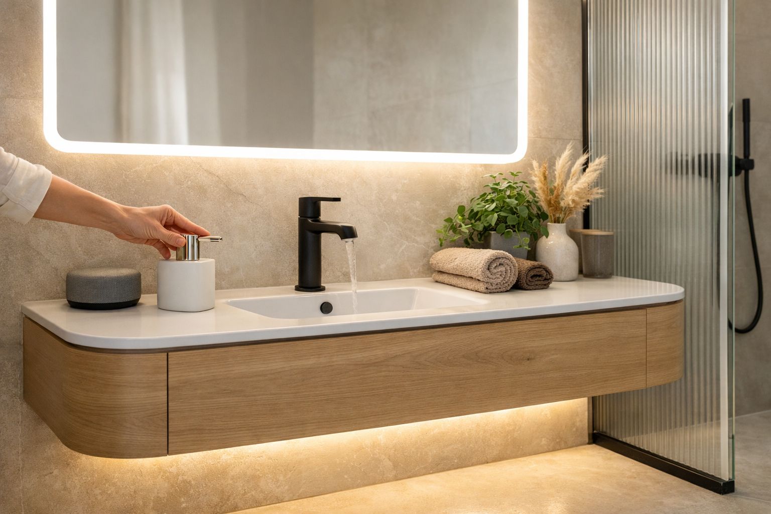 Lavabo moderno com torneira preta, sabonete líquido, toalhas e plantas decorativas, iluminação suave e espelho.